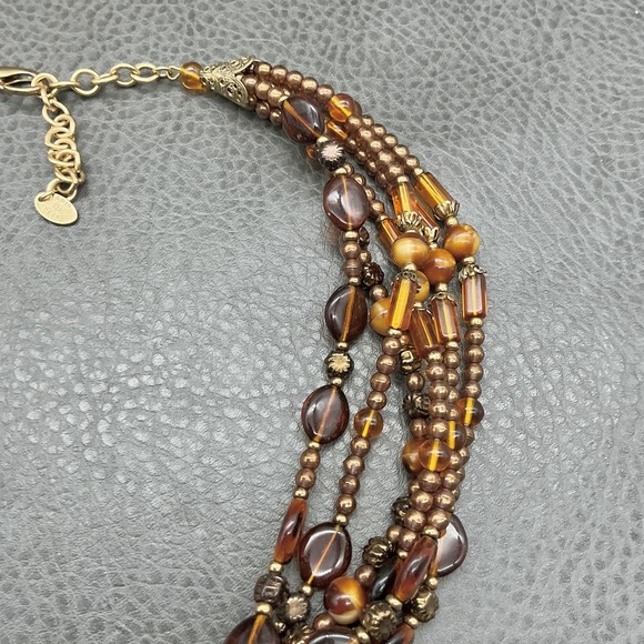 ERWIN PEARL Multi Strand Brown Amber Glass Bead Necklace Gold Tone Layered - Picture 5 of 8